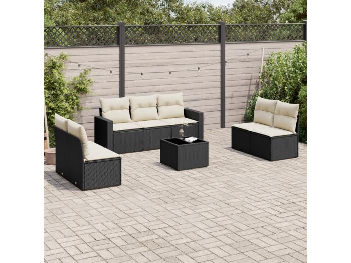 Mobili da giardino da 8 pezzi con cuscini in resina intrecciata nera 3570296