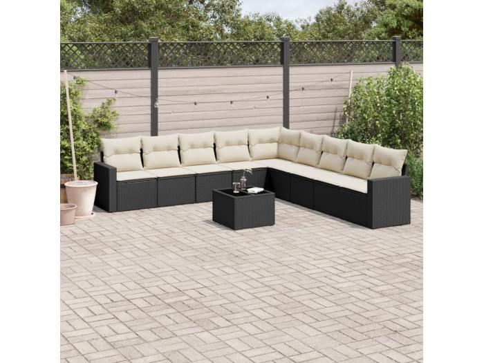 Mobili da giardino 10 pezzi con cuscini in resina intrecciata nera 3570686